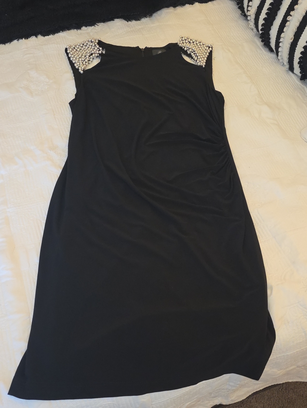 Adrianna Papell Black Sheath Dress with Pearl-Embellished Shoulders